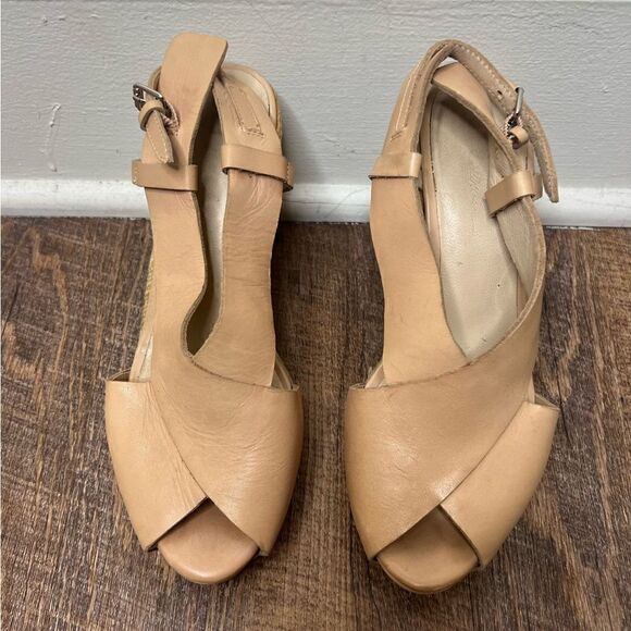 3.1 Phillip Lim Tan/Cream Leather Peep Toe Espadrille Wedges Size 8 - Picture 2 of 16